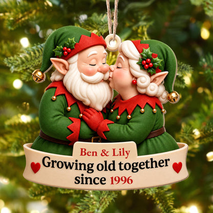 Growing Old Together Kissing Elf Couple With Hearts Ornament - Personalized Custom Wood Ornament, Custom Shaped - CPL1918_WDO