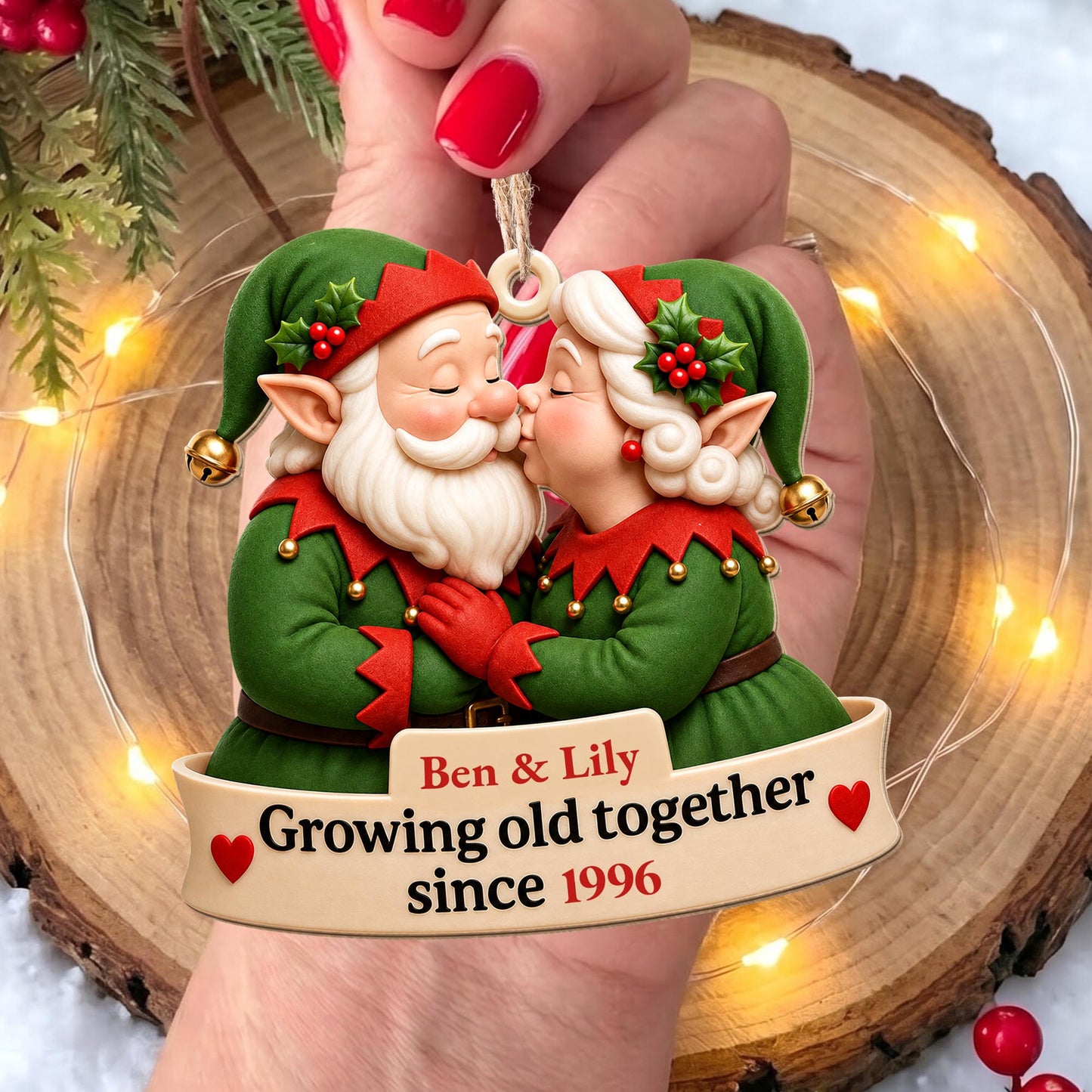 Growing Old Together Kissing Elf Couple With Hearts Ornament - Personalized Custom Wood Ornament, Custom Shaped - CPL1918_WDO
