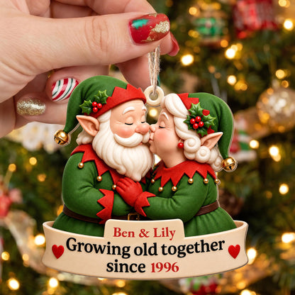 Growing Old Together Kissing Elf Couple With Hearts Ornament - Personalized Custom Wood Ornament, Custom Shaped - CPL1918_WDO