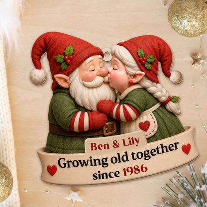 Growing Old Together Kissing Gnome Couple With Hearts - Personalized Custom Wood Ornament, Custom Shaped - CPL1919_WDO