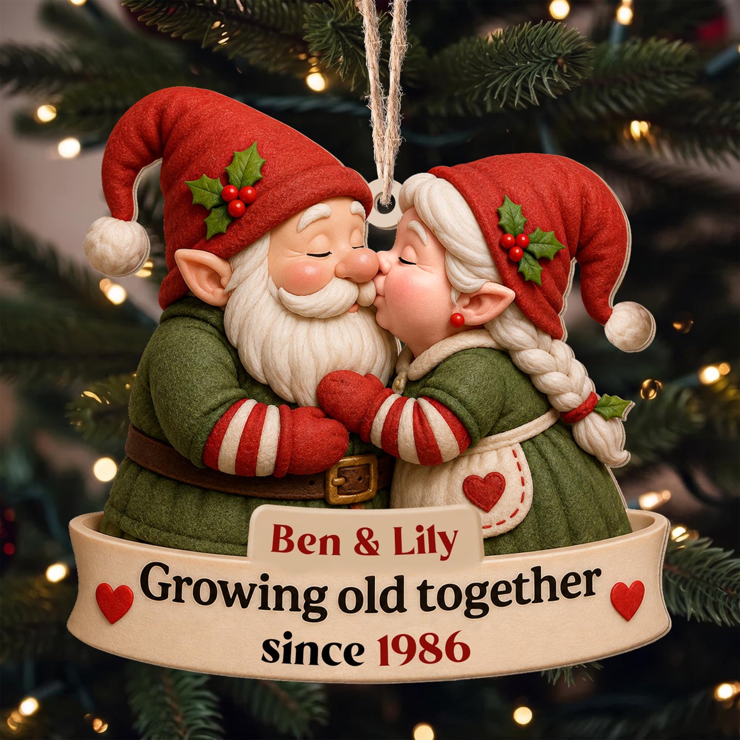 Growing Old Together Kissing Gnome Couple With Hearts - Personalized Custom Wood Ornament, Custom Shaped - CPL1919_WDO