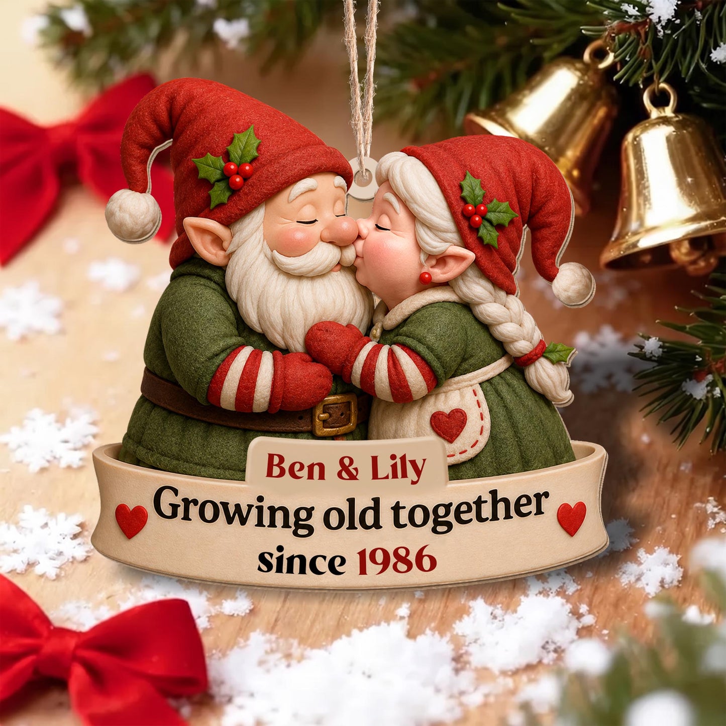 Growing Old Together Kissing Gnome Couple With Hearts - Personalized Custom Wood Ornament, Custom Shaped - CPL1919_WDO