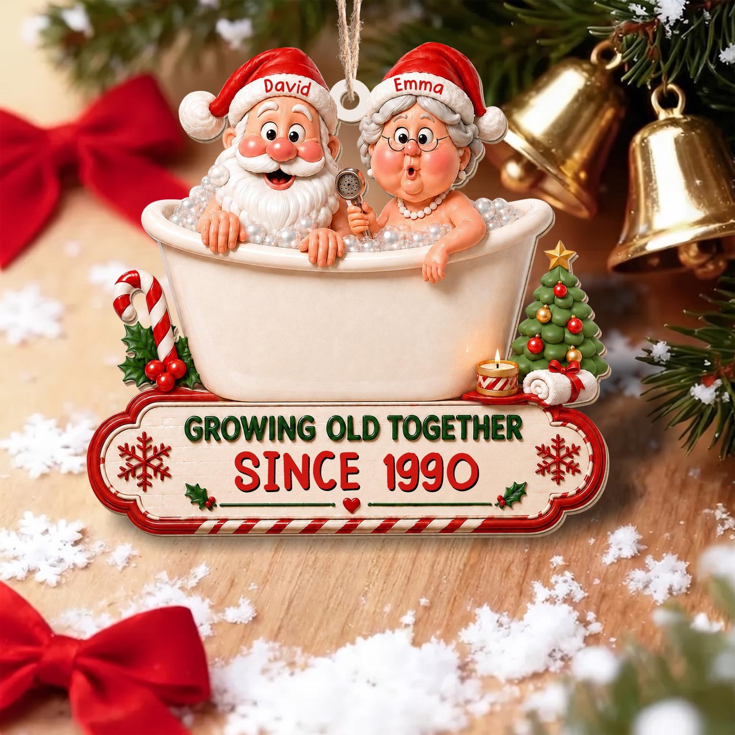 Growing Old Together Santa And Mrs Claus In Bathtub Christmas Decor - Personalized Custom Wood Ornament, Custom Shaped - CPL1930_WDO