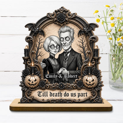 Till Death Do Us Part Victorian Gothic Couple With Pumpkins And Bats - Personalized Custom 2-Layer Wood Plaque With Flat Base - CPL2105_WPLA