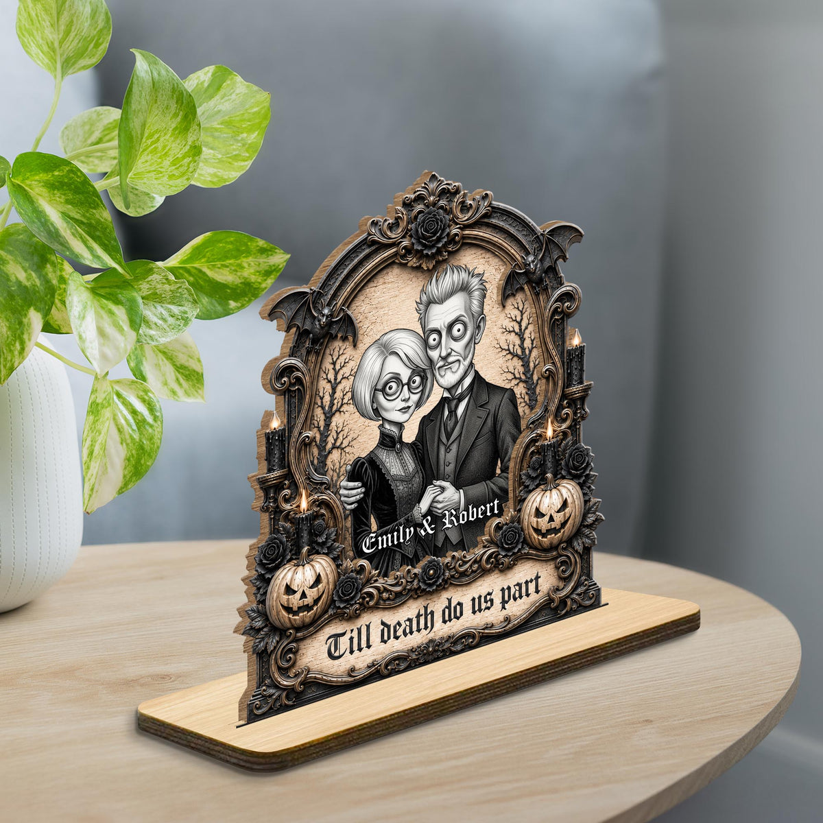 Till Death Do Us Part Victorian Gothic Couple With Pumpkins And Bats - Personalized Custom 2-Layer Wood Plaque With Flat Base - CPL2105_WPLA