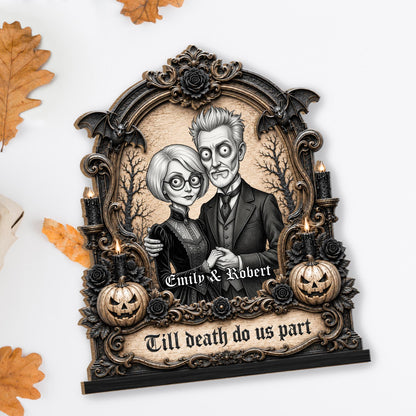 Till Death Do Us Part Victorian Gothic Couple With Pumpkins And Bats - Personalized Custom 2-Layer Wood Plaque With Flat Base - CPL2105_WPLA