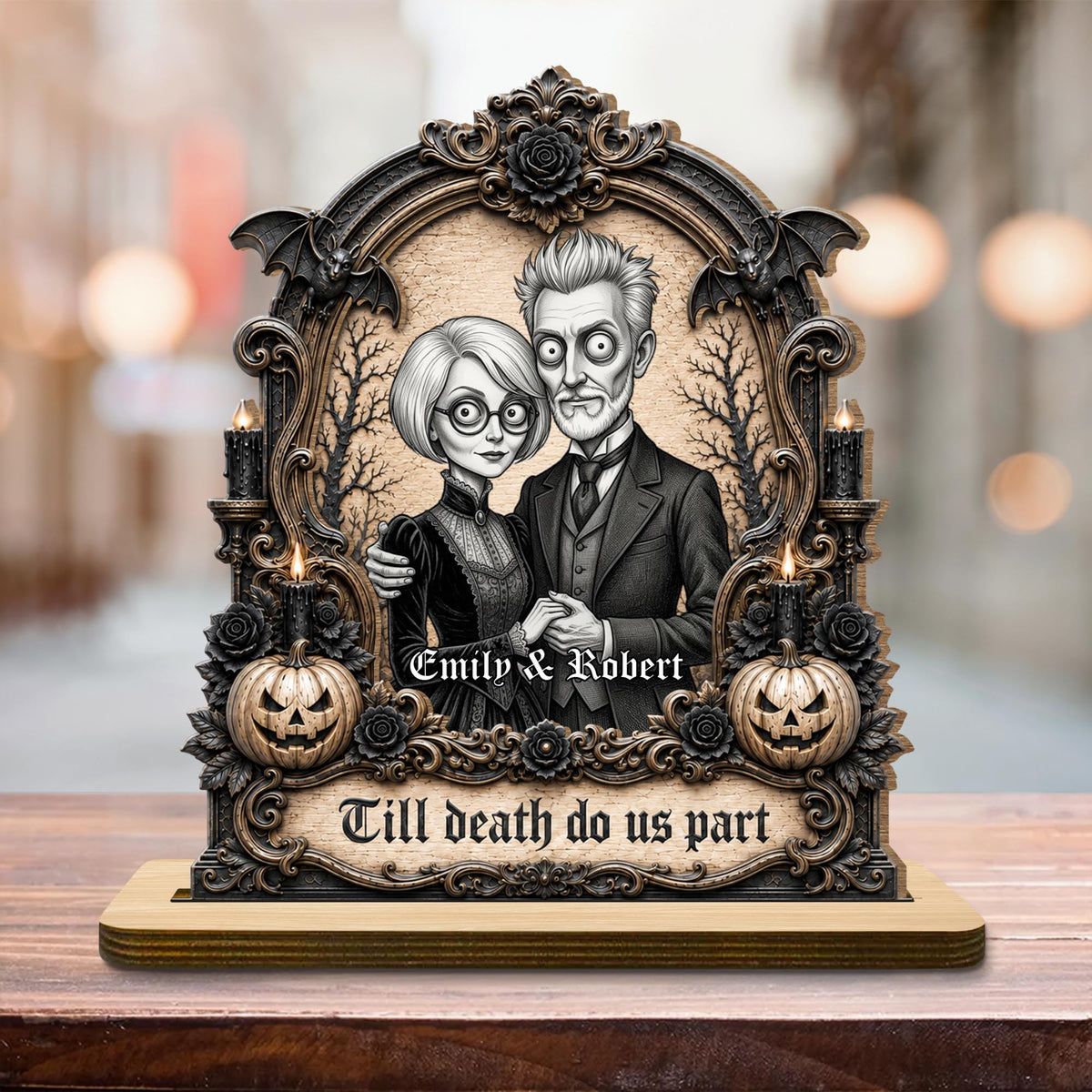 Till Death Do Us Part Victorian Gothic Couple With Pumpkins And Bats - Personalized Custom 2-Layer Wood Plaque With Flat Base - CPL2105_WPLA
