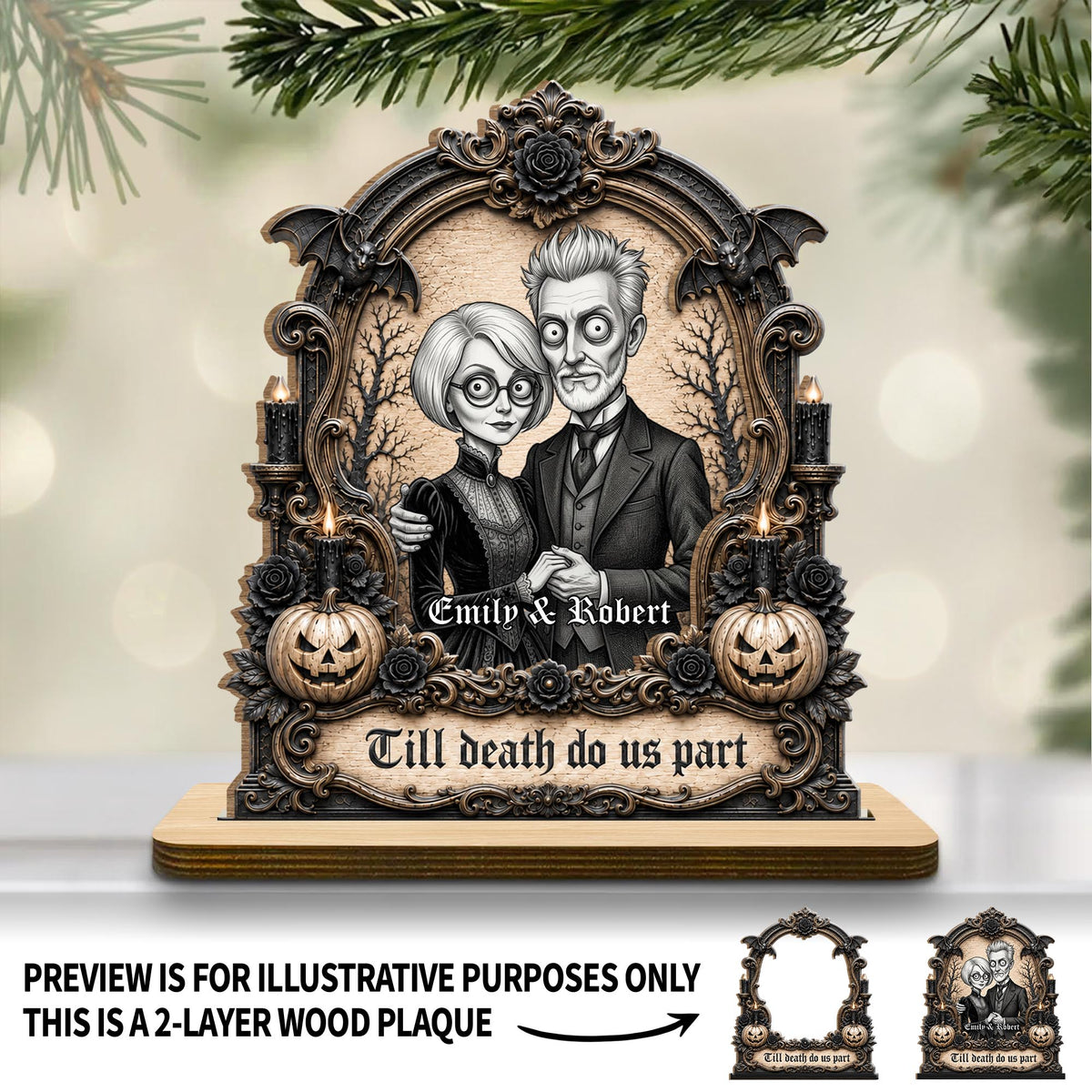 Till Death Do Us Part Victorian Gothic Couple With Pumpkins And Bats - Personalized Custom 2-Layer Wood Plaque With Flat Base - CPL2105_WPLA