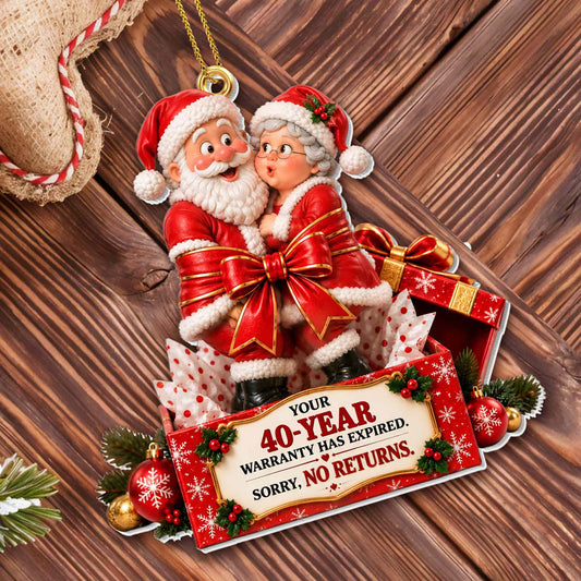 Our Years Warranty Has Expired Santa Couple Gift Box - Personalized Custom Acrylic Ornament, Christmas Gift - CPL2167_ACO