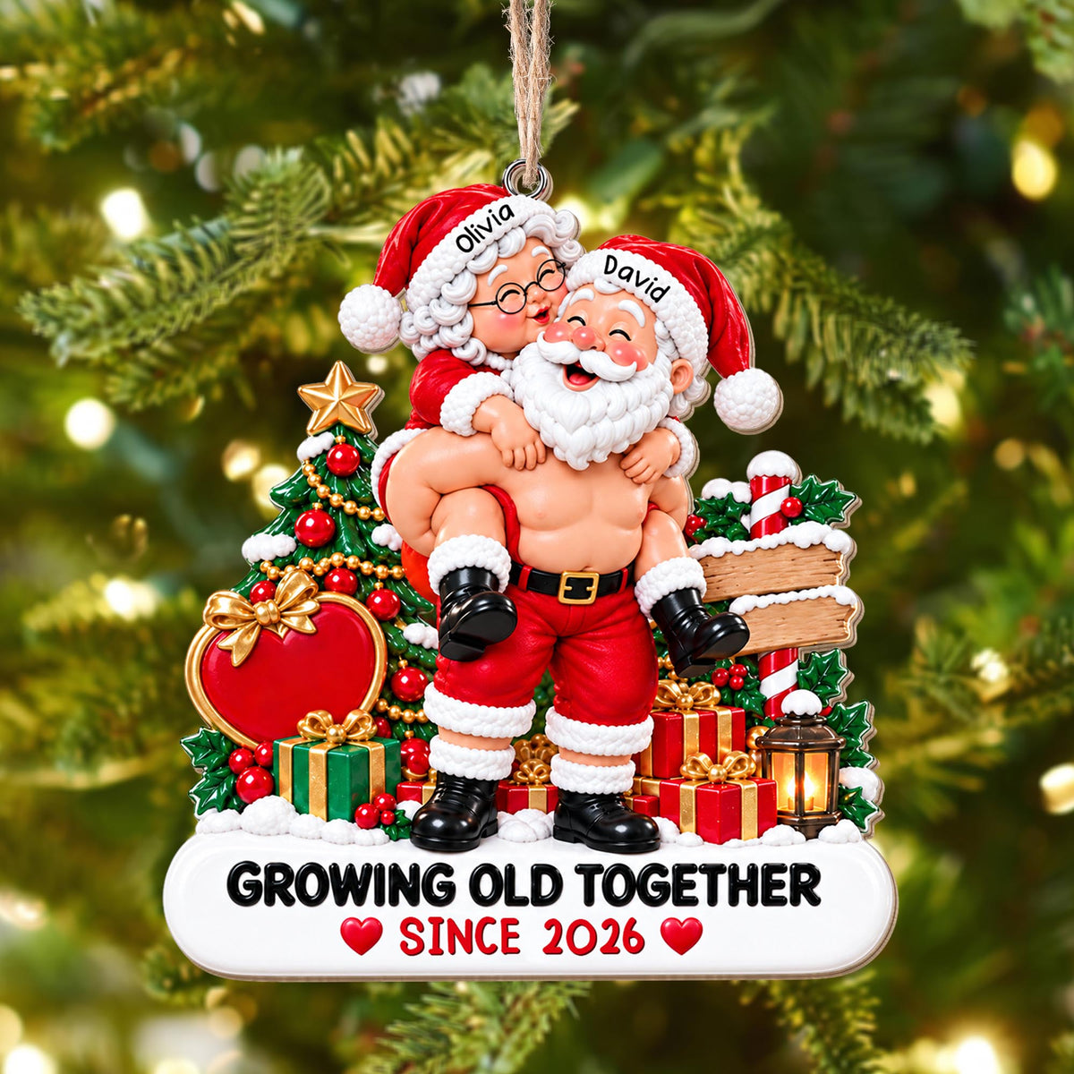 Growing Old Together Since Santa And Mrs Claus Couple - Personalized Custom Wood Ornament, Custom Shaped - CPL2169_WDO