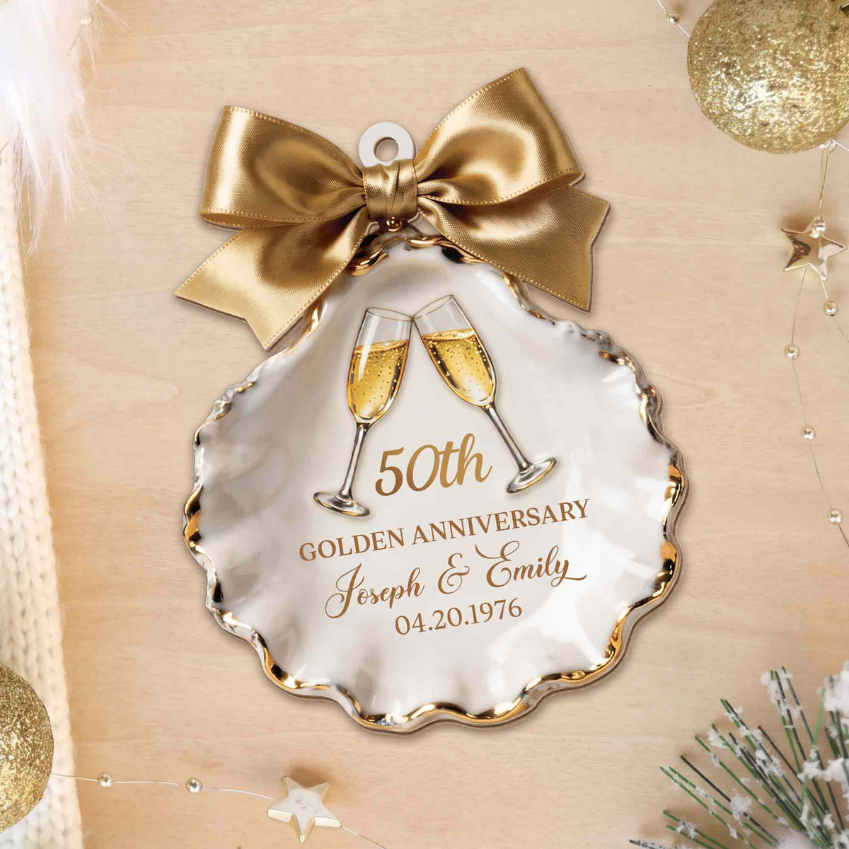 Golden Anniversary Champagne Glasses Seashell With Gold Bow - Personalized Custom Wood Ornament, Custom Shaped - CPL2209_WDO