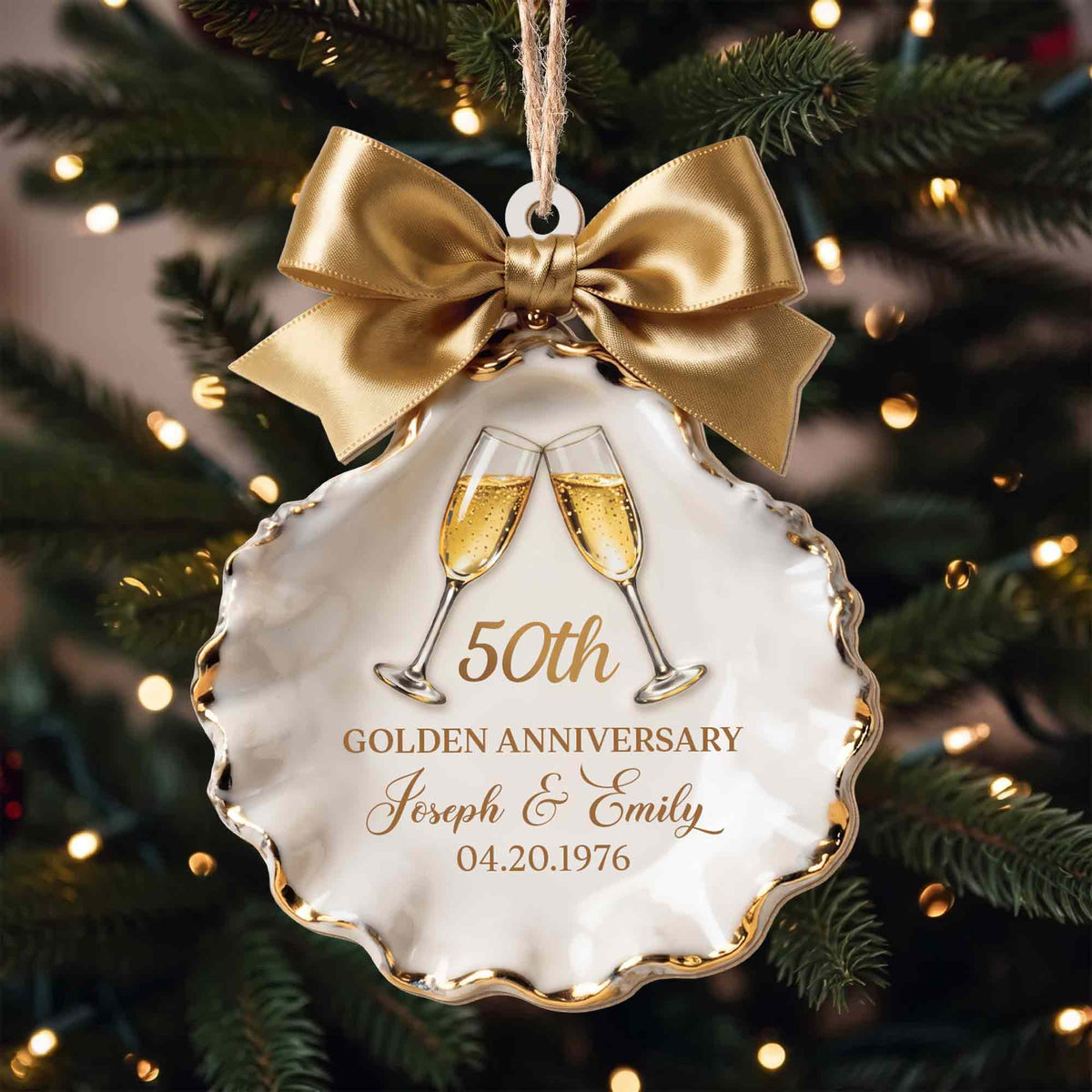 Golden Anniversary Champagne Glasses Seashell With Gold Bow - Personalized Custom Wood Ornament, Custom Shaped - CPL2209_WDO