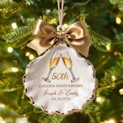 Golden Anniversary Champagne Glasses Seashell With Gold Bow - Personalized Custom Wood Ornament, Custom Shaped - CPL2209_WDO