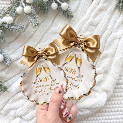Golden Anniversary Champagne Glasses Seashell With Gold Bow - Personalized Custom Wood Ornament, Custom Shaped - CPL2209_WDO