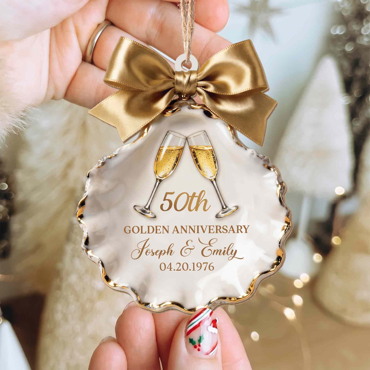 Golden Anniversary Champagne Glasses Seashell With Gold Bow - Personalized Custom Wood Ornament, Custom Shaped - CPL2209_WDO