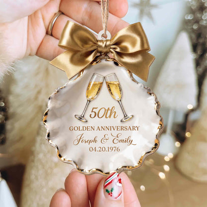 Golden Anniversary Champagne Glasses Seashell With Gold Bow - Personalized Custom Wood Ornament, Custom Shaped - CPL2209_WDO