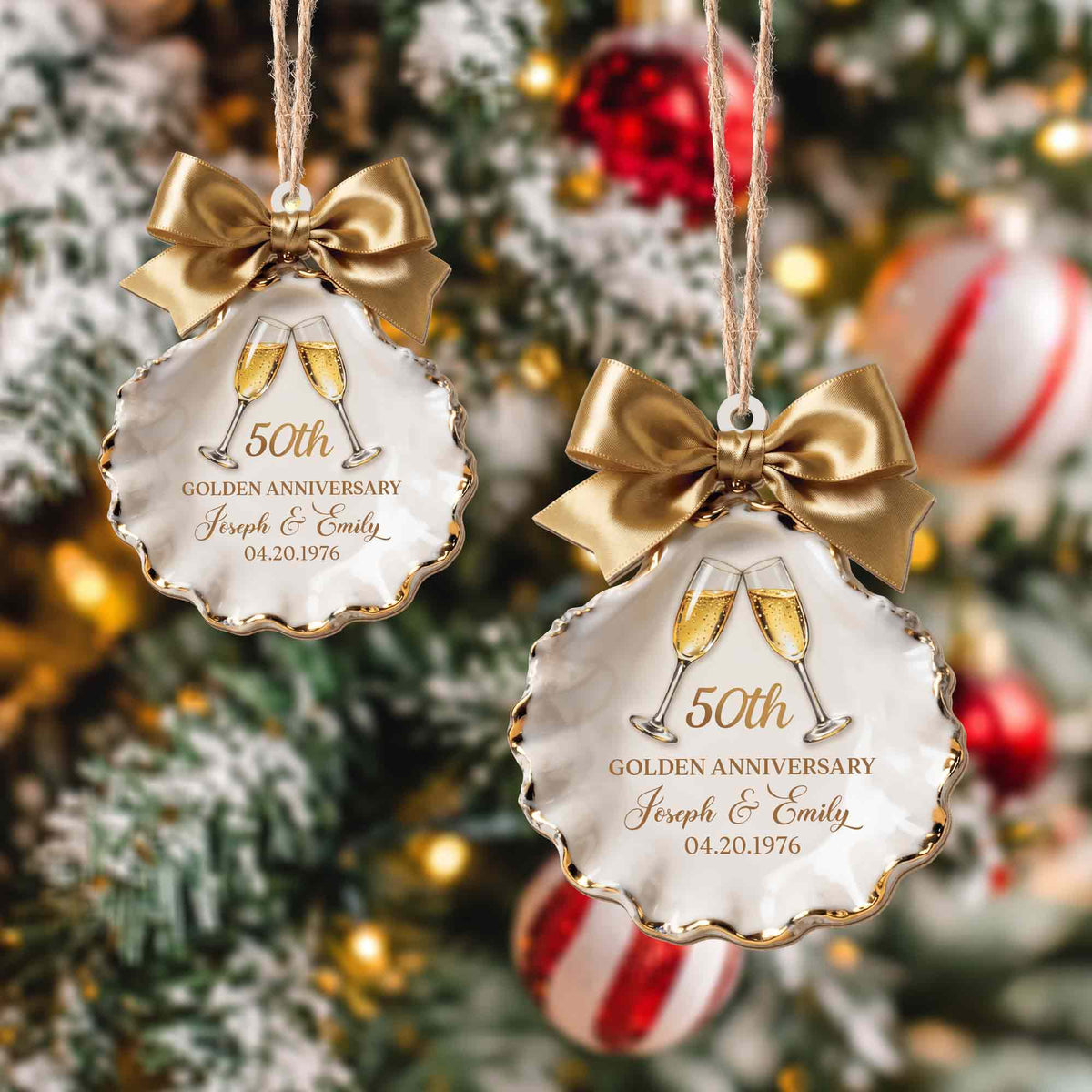 Golden Anniversary Champagne Glasses Seashell With Gold Bow - Personalized Custom Wood Ornament, Custom Shaped - CPL2209_WDO