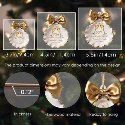 Golden Anniversary Champagne Glasses Seashell With Gold Bow - Personalized Custom Wood Ornament, Custom Shaped - CPL2209_WDO