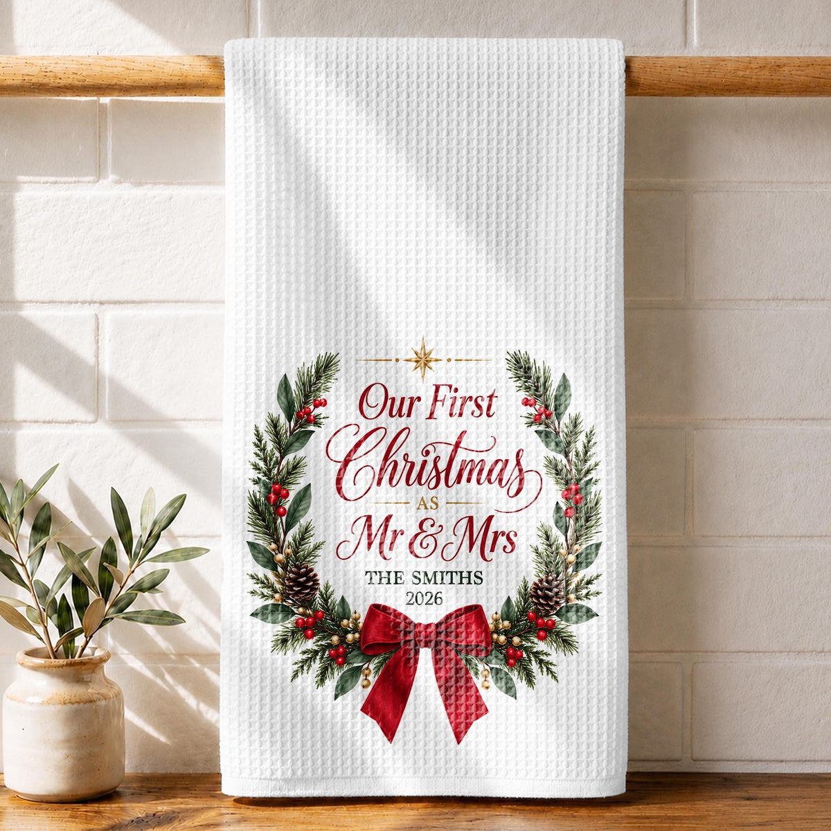 Our First Christmas As Mr & Mrs Festive Wreath and Red Bow - Personalized Kitchen Towel - CPL2263_TOWL