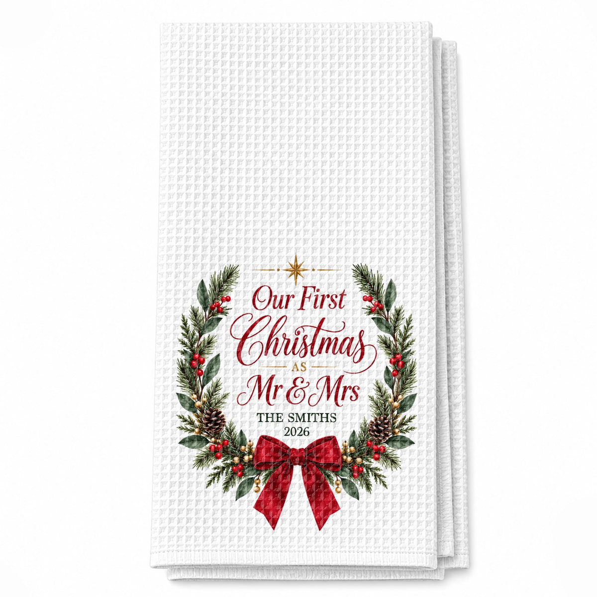 Our First Christmas As Mr & Mrs Festive Wreath and Red Bow - Personalized Kitchen Towel - CPL2263_TOWL