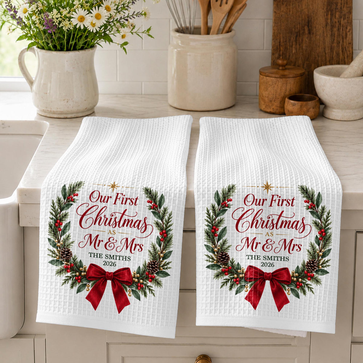 Our First Christmas As Mr & Mrs Festive Wreath and Red Bow - Personalized Kitchen Towel - CPL2263_TOWL
