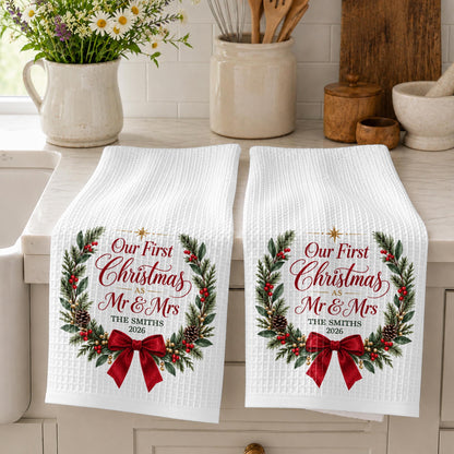 Our First Christmas As Mr & Mrs Festive Wreath and Red Bow - Personalized Kitchen Towel - CPL2263_TOWL