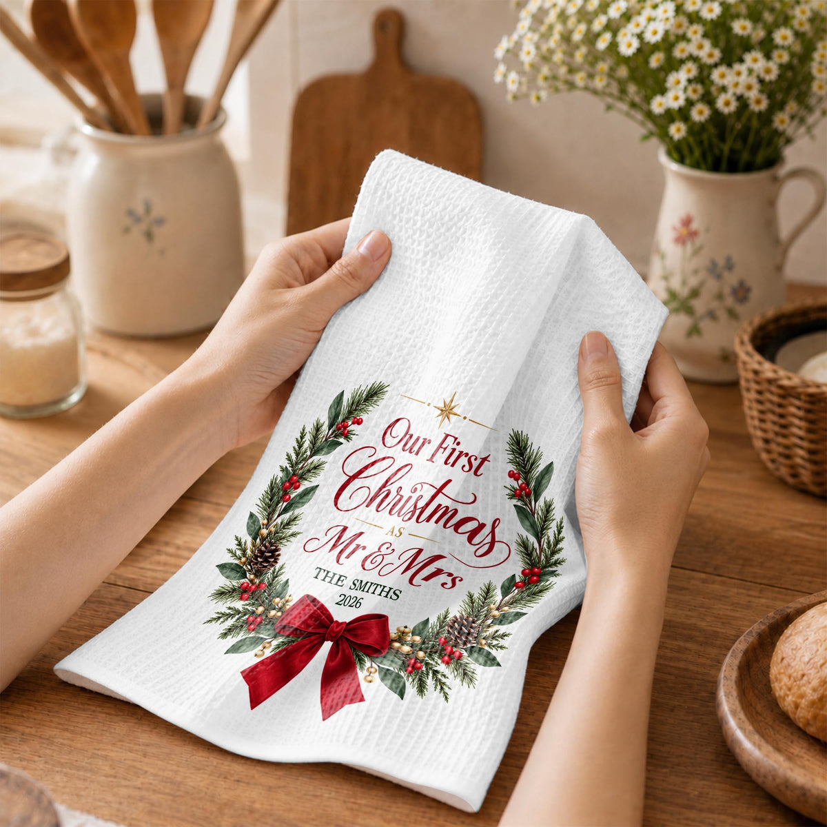 Our First Christmas As Mr & Mrs Festive Wreath and Red Bow - Personalized Kitchen Towel - CPL2263_TOWL