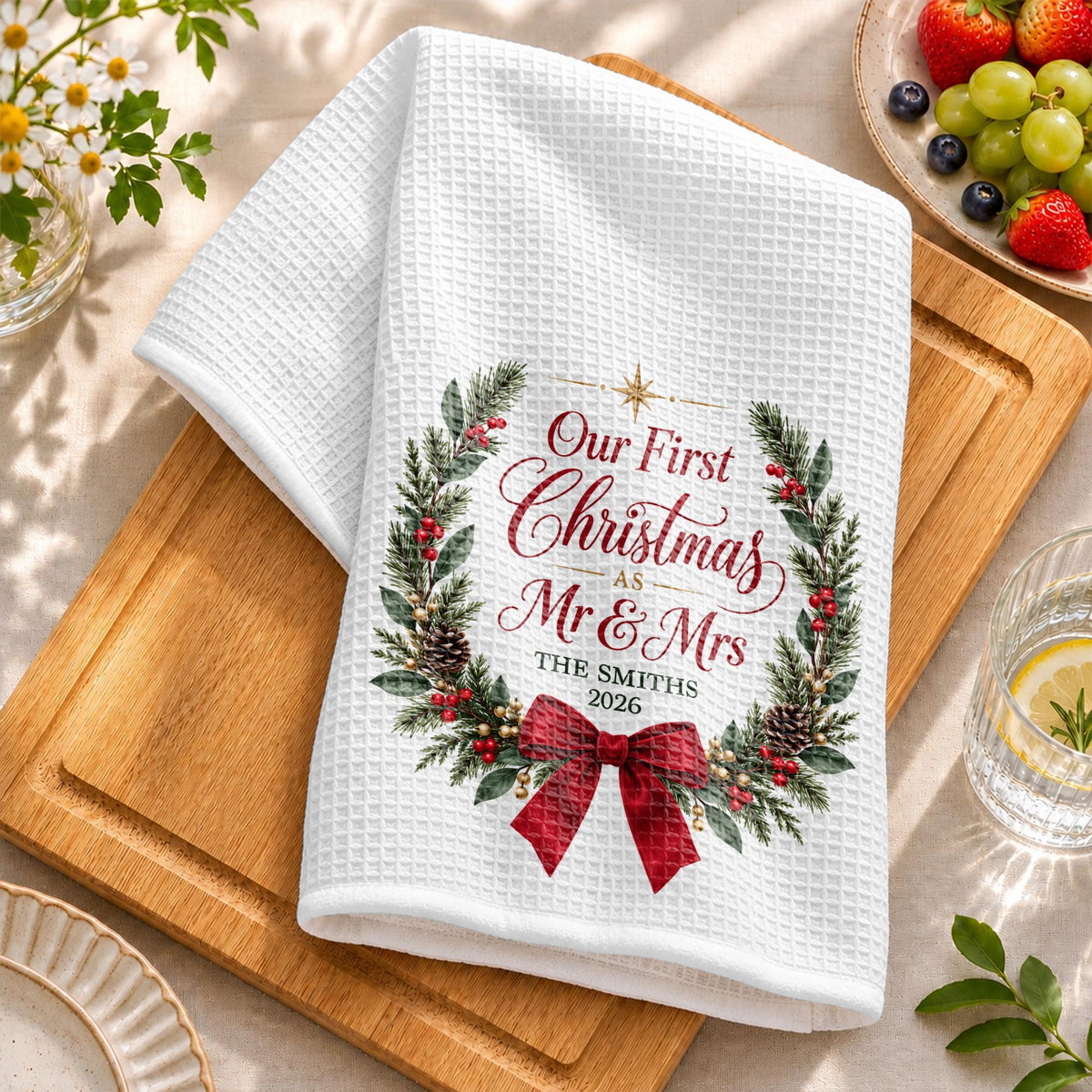 Our First Christmas As Mr & Mrs Festive Wreath and Red Bow - Personalized Kitchen Towel - CPL2263_TOWL