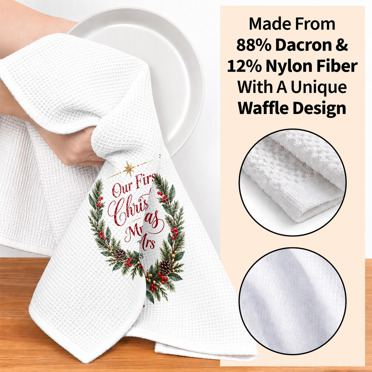 Our First Christmas As Mr & Mrs Festive Wreath and Red Bow - Personalized Kitchen Towel - CPL2263_TOWL