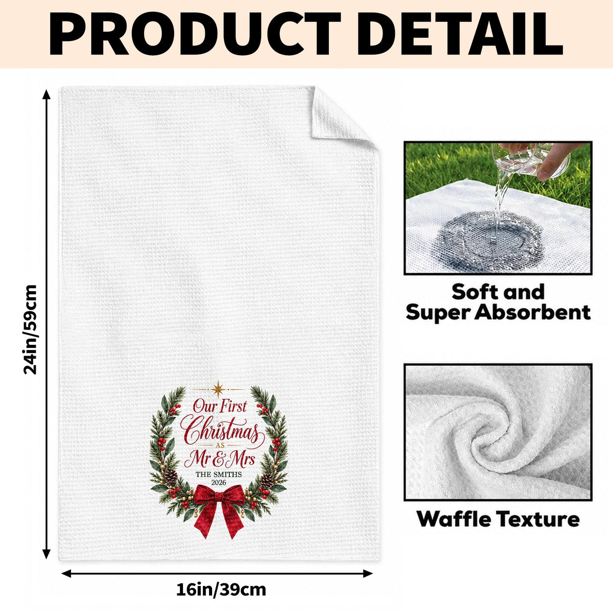 Our First Christmas As Mr & Mrs Festive Wreath and Red Bow - Personalized Kitchen Towel - CPL2263_TOWL
