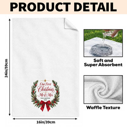 Our First Christmas As Mr & Mrs Festive Wreath and Red Bow - Personalized Kitchen Towel - CPL2263_TOWL