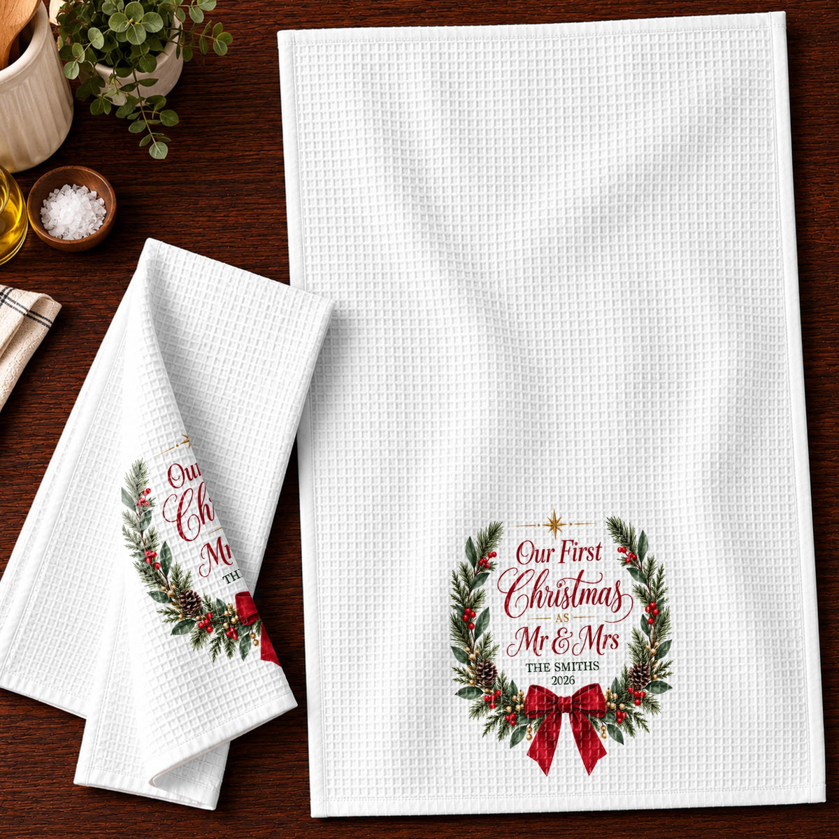 Our First Christmas As Mr & Mrs Festive Wreath and Red Bow - Personalized Kitchen Towel - CPL2263_TOWL