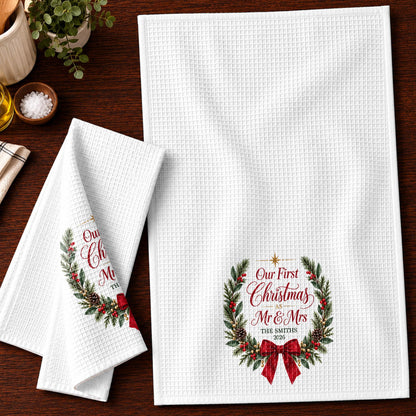 Our First Christmas As Mr & Mrs Festive Wreath and Red Bow - Personalized Kitchen Towel - CPL2263_TOWL