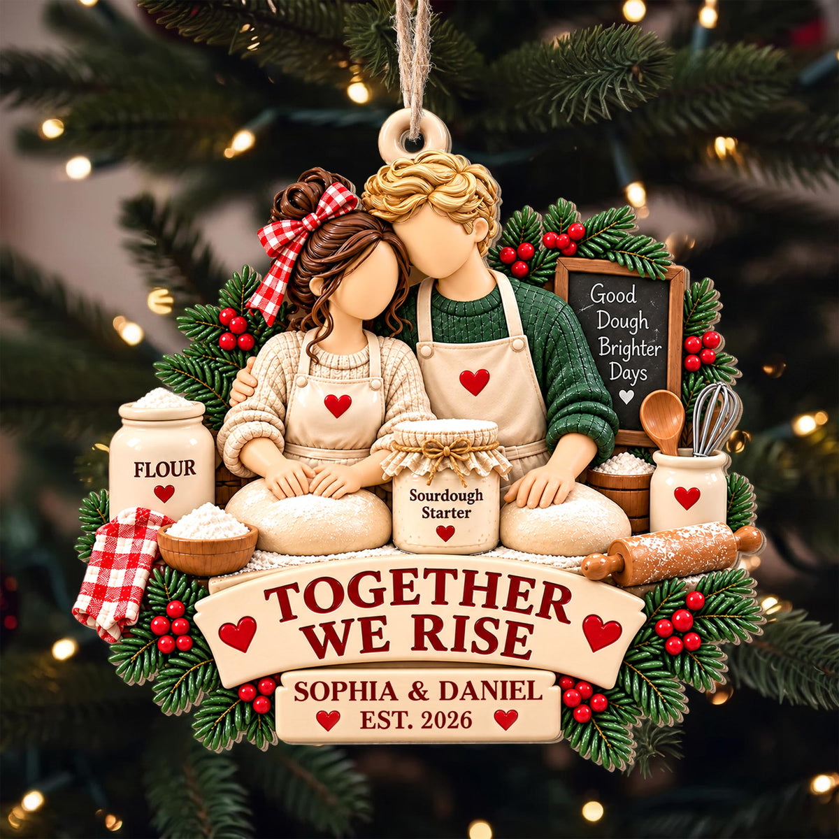 Together We Rise, Sourdough Baking Couple With Flour And Rolling Pin - Personalized Custom Wood Ornament, Custom Shaped - CPL2267_WDO