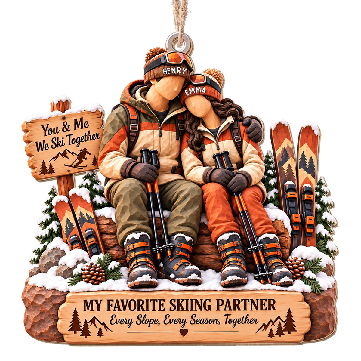You And Me We Ski Together My Favorite Skiing Partner Couple Ornament - Personalized Custom Wood Ornament, Custom Shaped - CPL2283_WDO