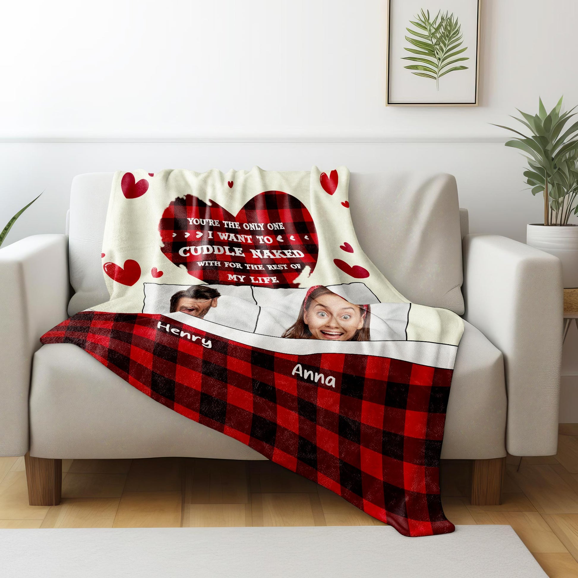 Cuddling Naked Forever Romantic Quote With Hearts And Plaid Design