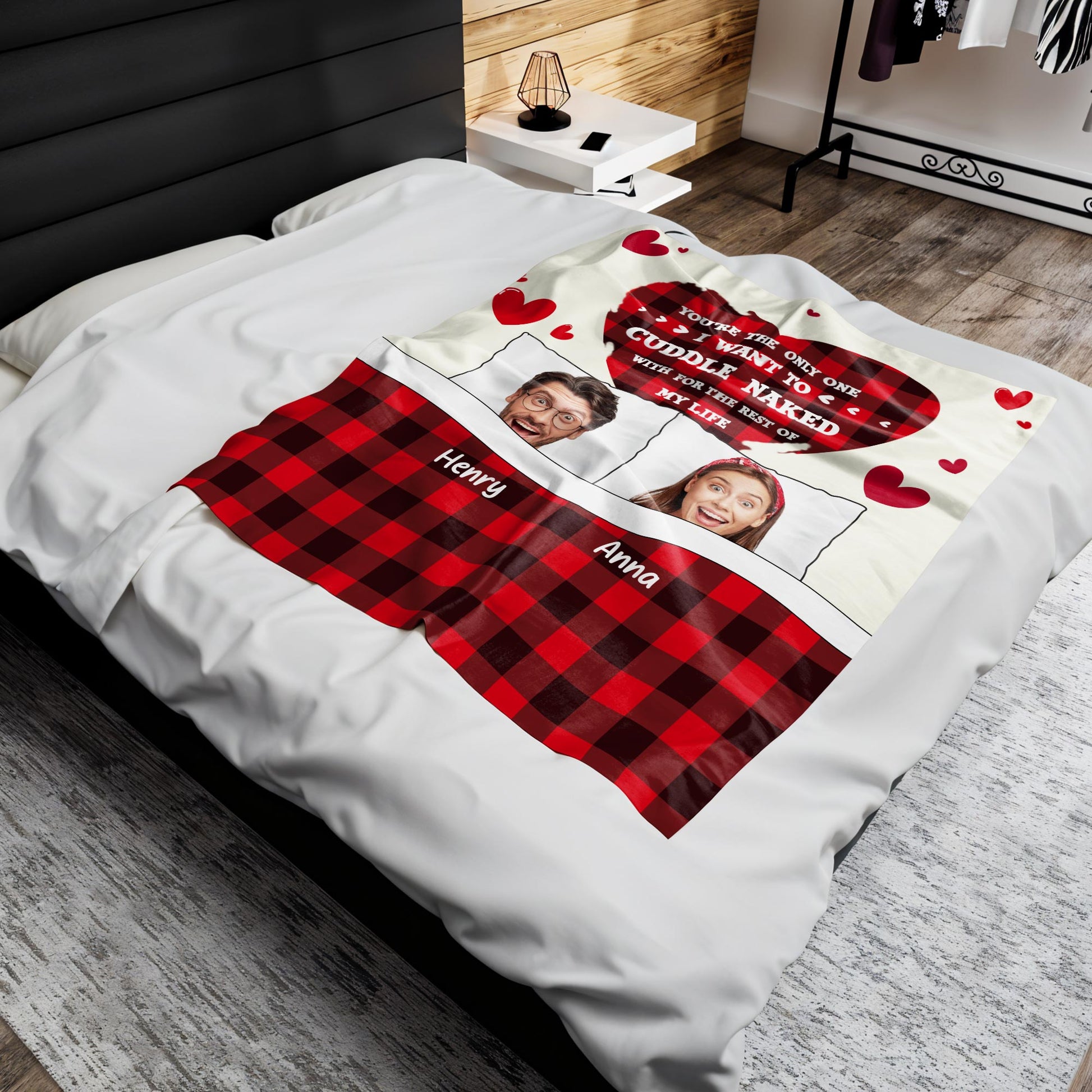 Cuddling Naked Forever Romantic Quote With Hearts And Plaid Design