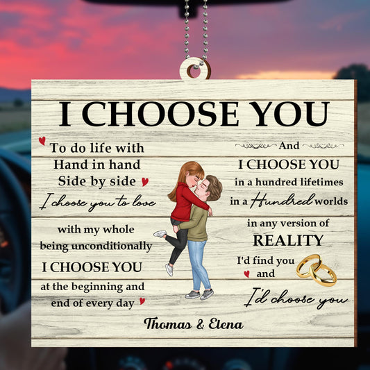 I Choose You Couple Embrace With Hearts And Wedding Rings