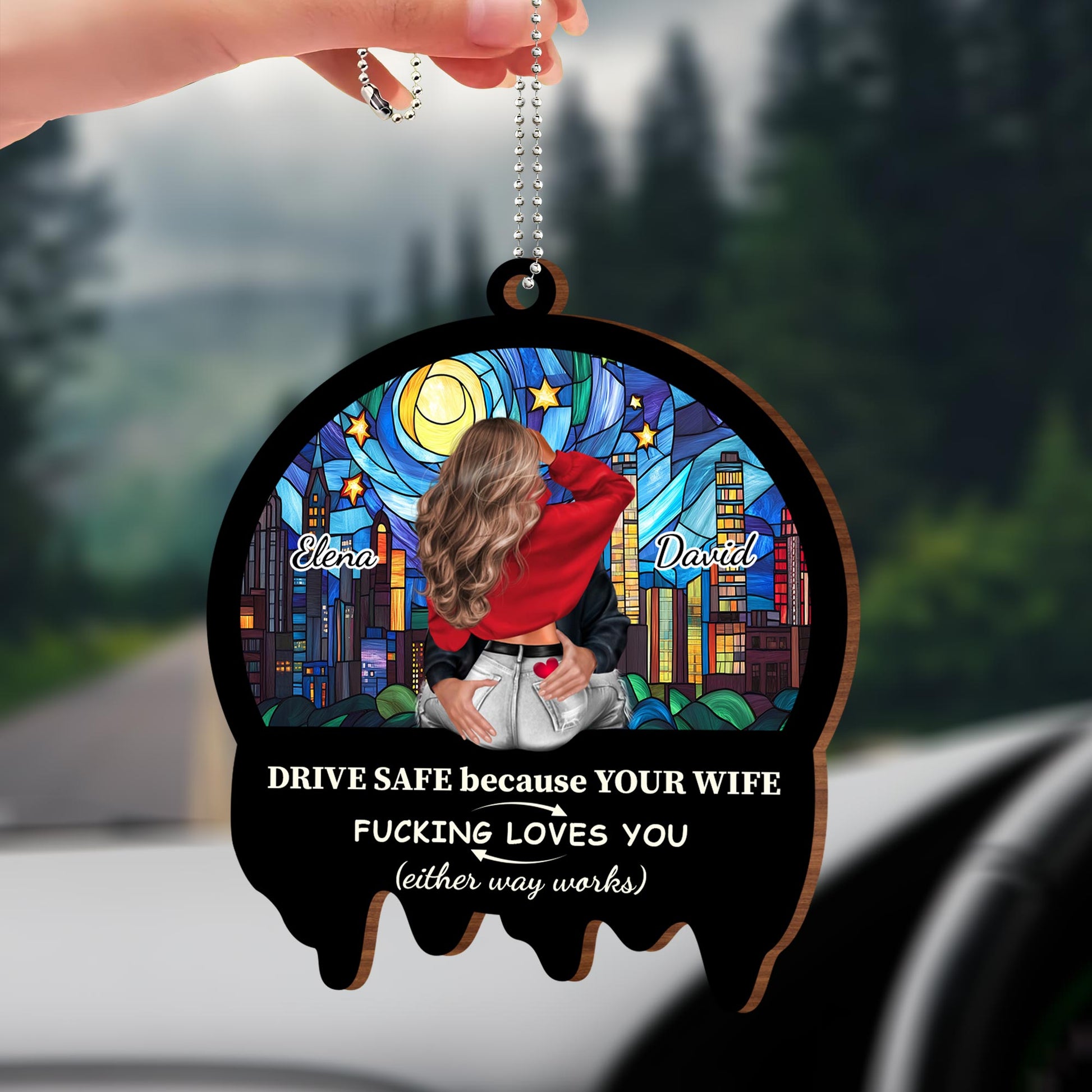 Drive Safe Cityscape Ornament With Stained Glass Style And Heart