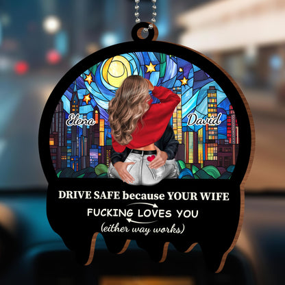 Drive Safe Cityscape Ornament With Stained Glass Style And Heart