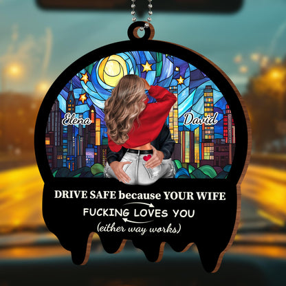 Drive Safe Cityscape Ornament With Stained Glass Style And Heart