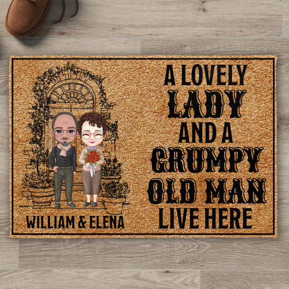 Lovely Lady And Grumpy Old Man Cartoon Couple Doormat