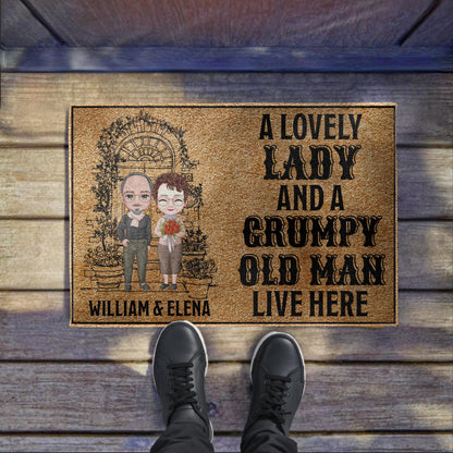 Lovely Lady And Grumpy Old Man Cartoon Couple Doormat