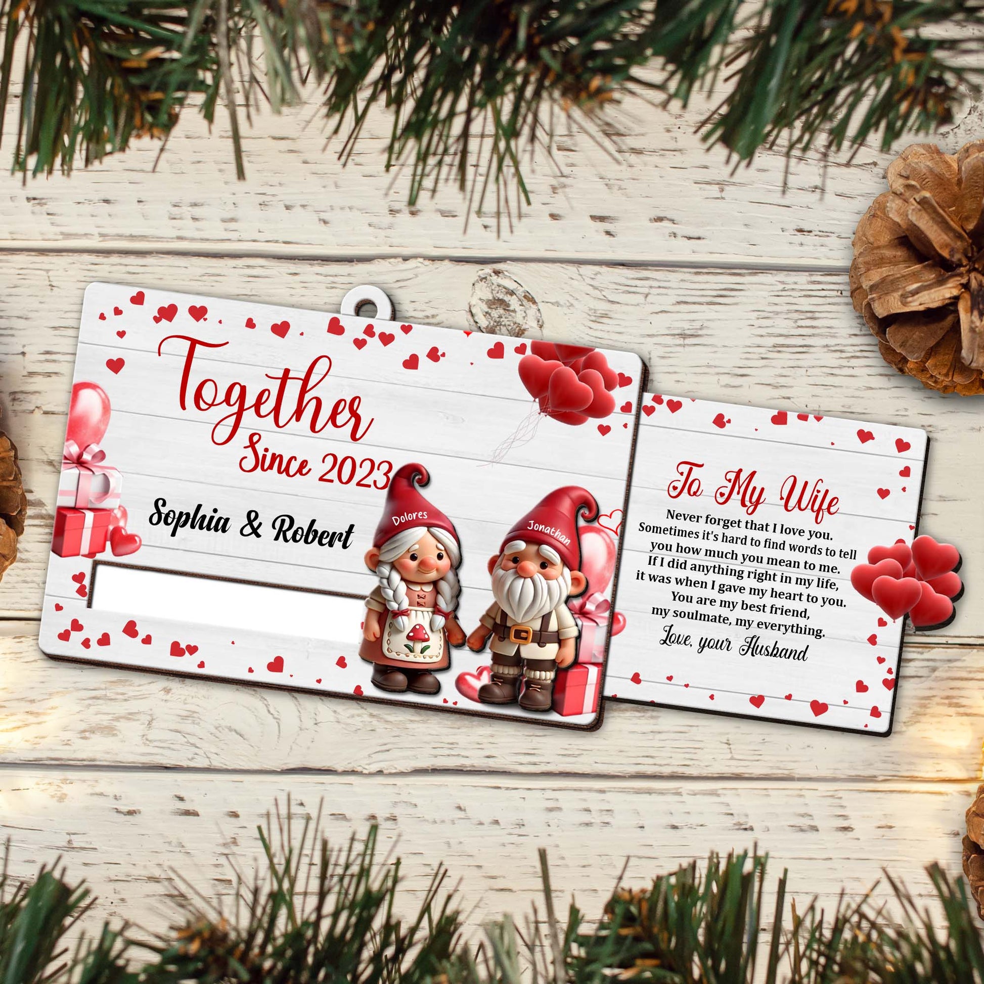 Together Since 2023, Wife Love Anniversary Ornament With Gnomes