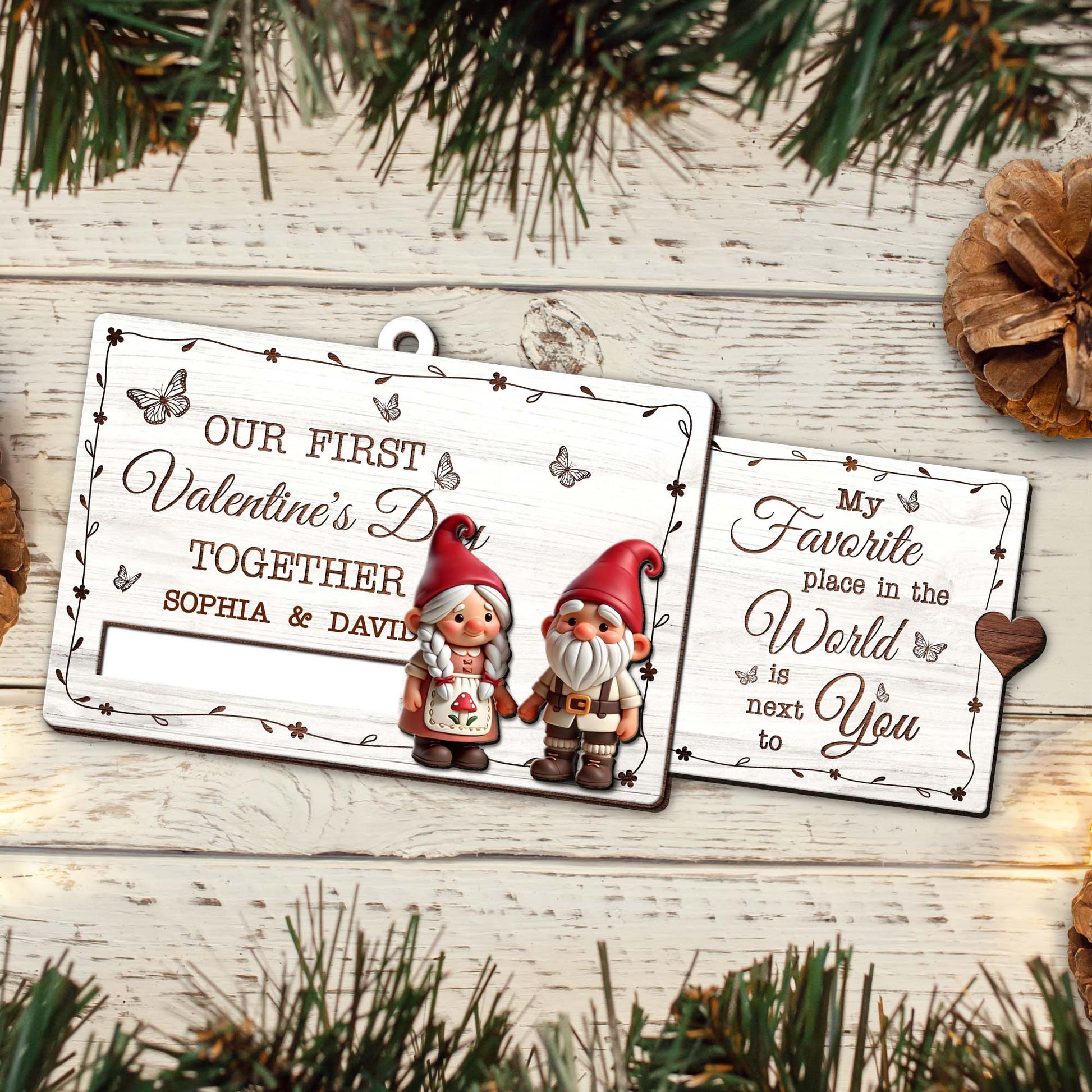 Gnomes Valentine's Day Wooden Slider Ornament for Couples