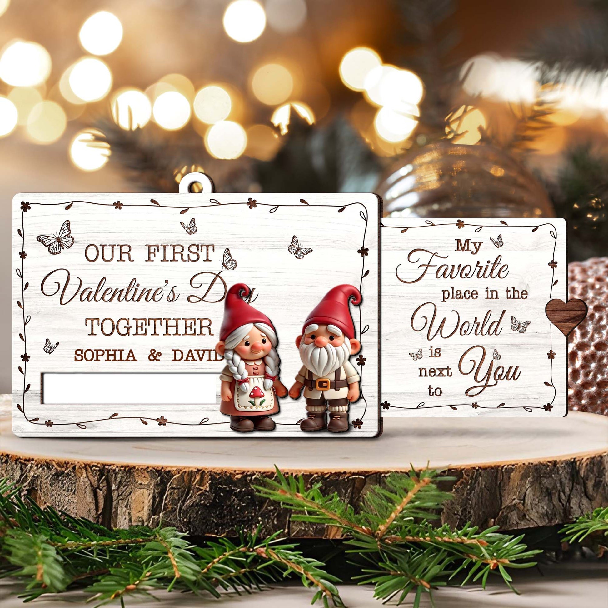 Gnomes Valentine's Day Wooden Slider Ornament for Couples