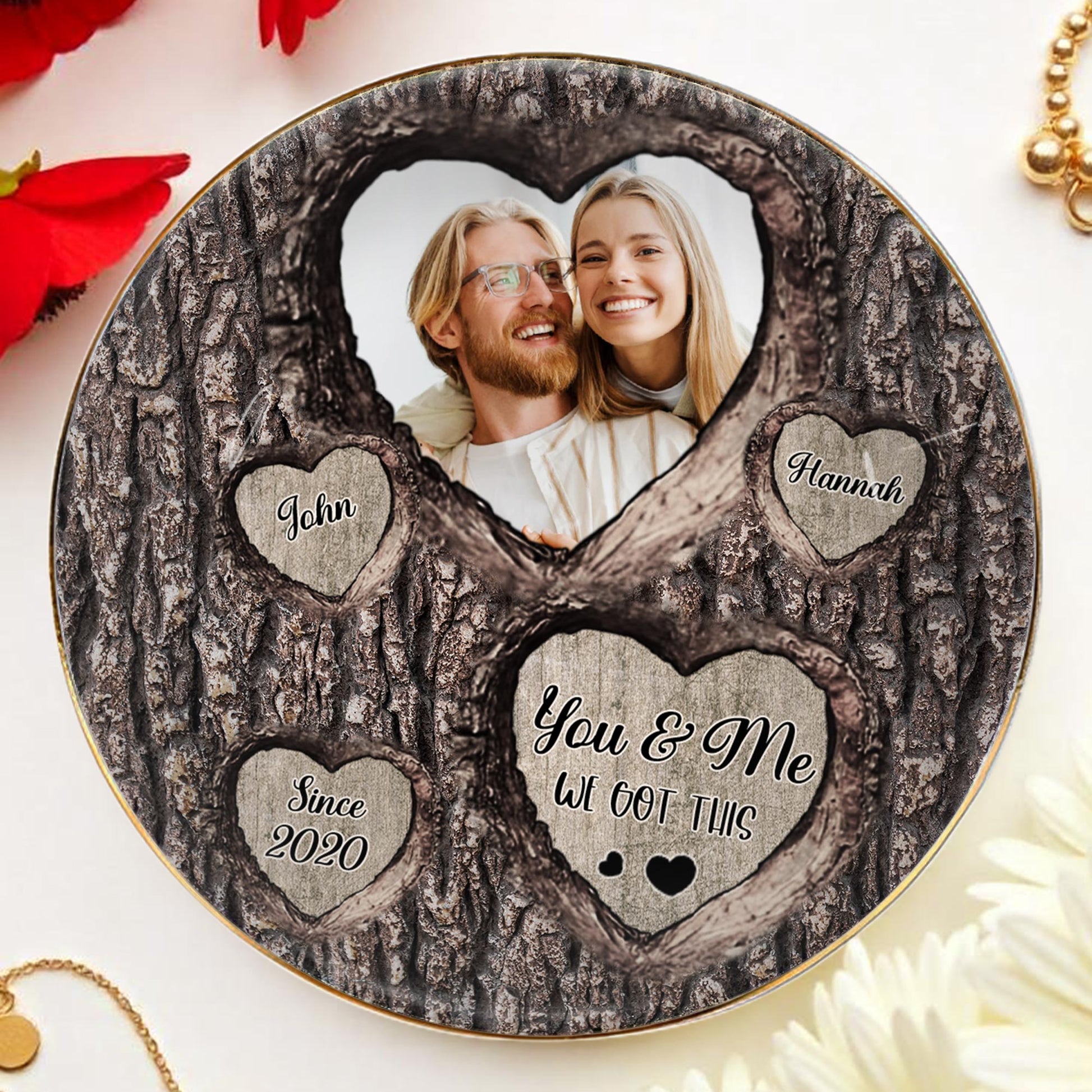 You & Me We Got This Heart Tree Bark Photo Dish