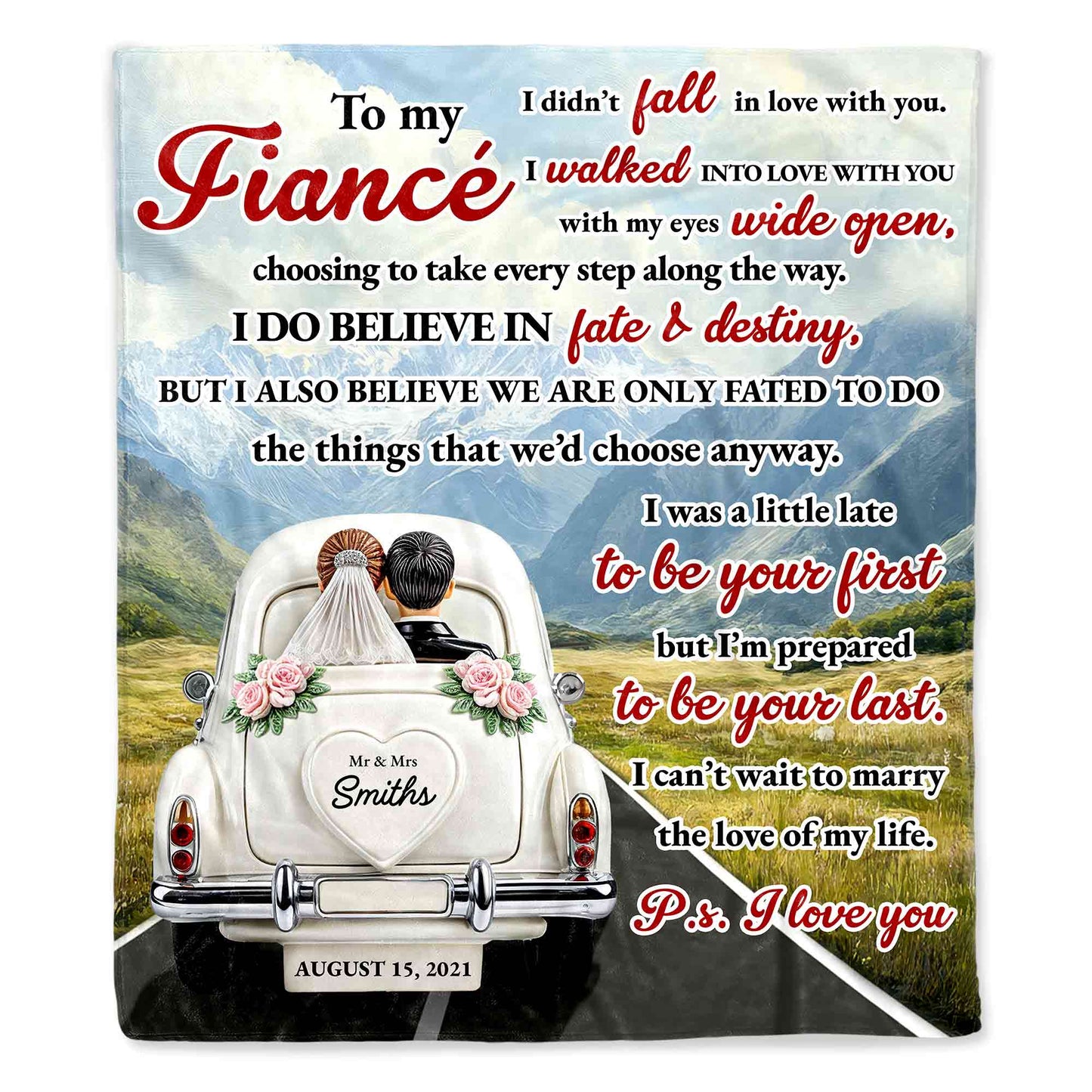 To My Fiancé With Vintage Car Design - Personalized Custom Blanket - CPL374_BLK