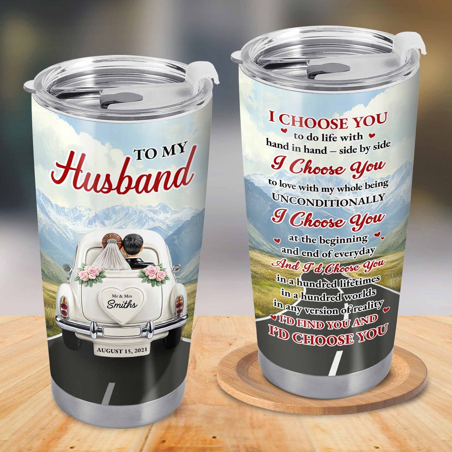 À mon mari, je te choisis, voiture vintage et montagnes - Gobelet personnalisé en acier inoxydable 20 oz 30 oz - CPL383_TB