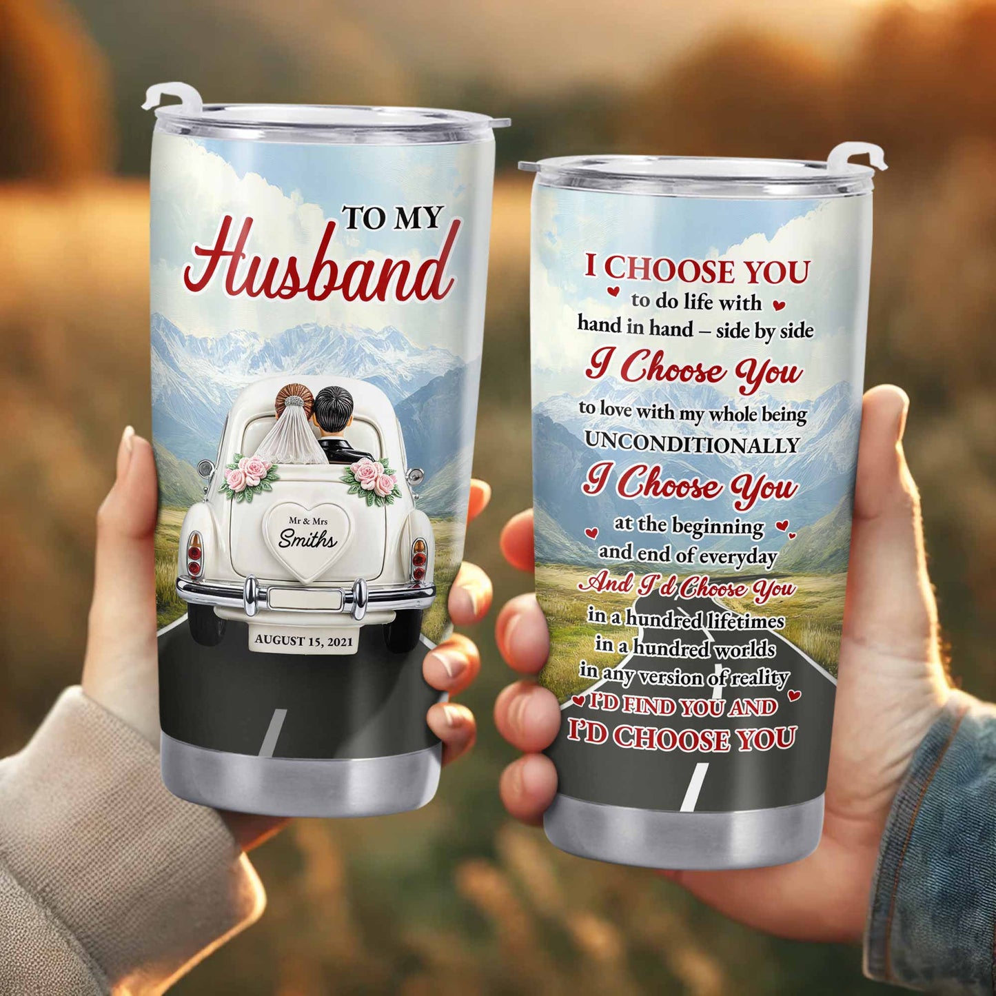 À mon mari, je te choisis, voiture vintage et montagnes - Gobelet personnalisé en acier inoxydable 20 oz 30 oz - CPL383_TB